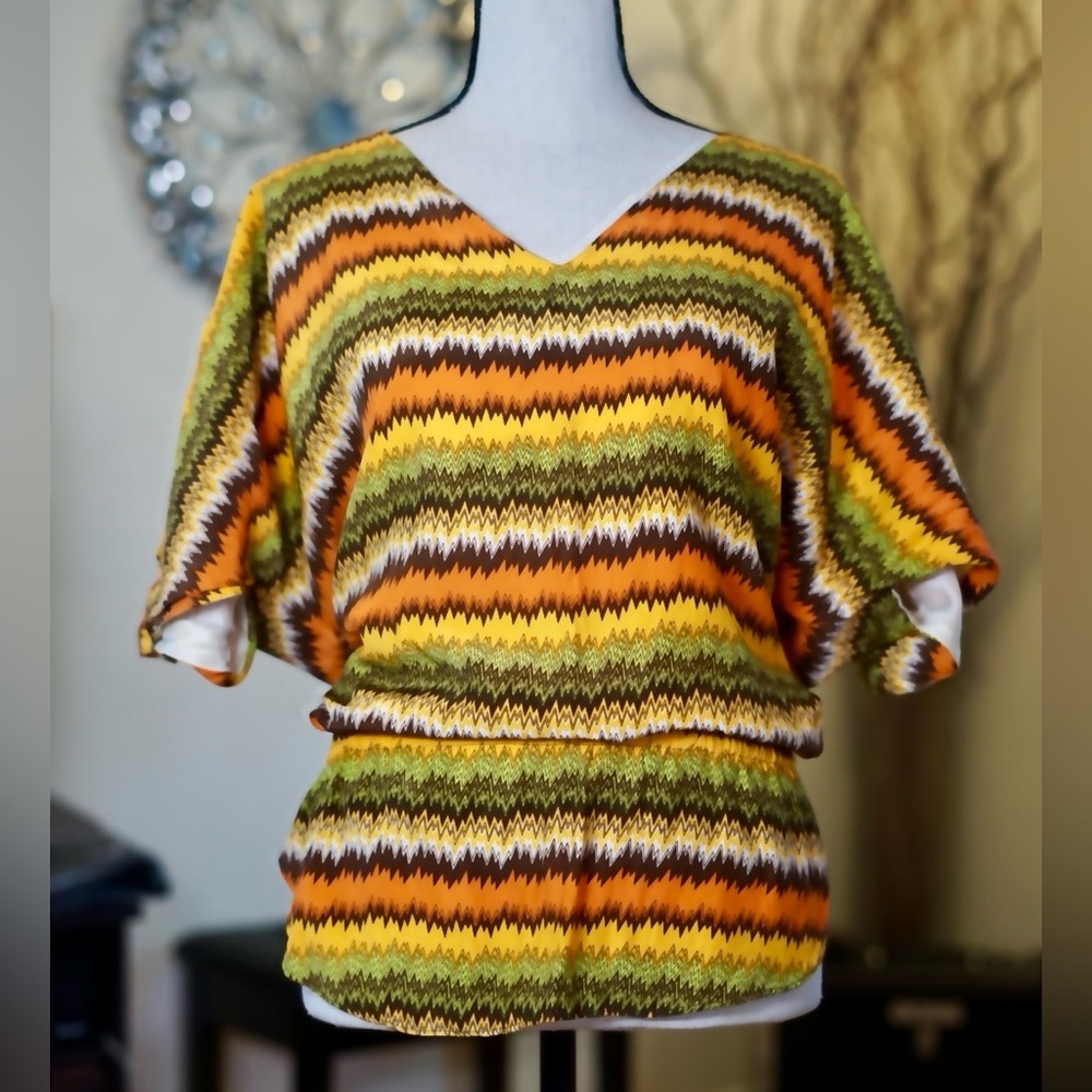 Vintage Arden B Silk Top S | Retro Chevron Print Fall‎ Boho Blouse | Early 2000s